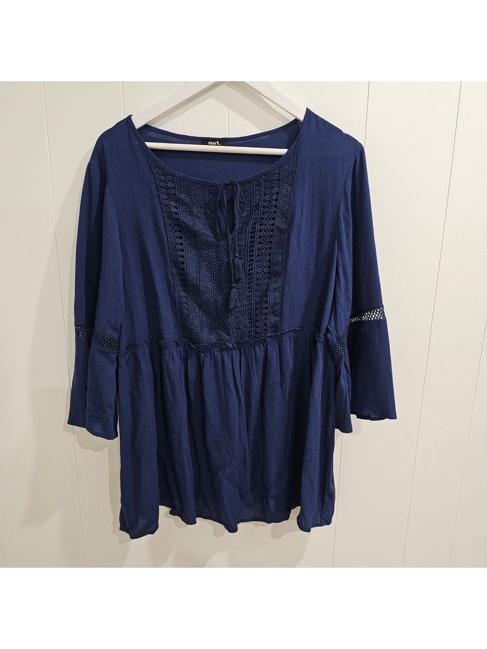 Mark 1X 18W 20W Navy Blue Boho Peasant Blouse Lace Trim Tassel Tie Flare Sleeve